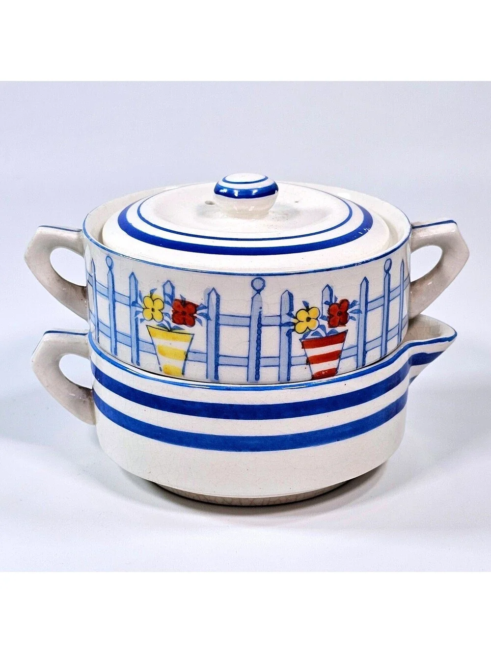 Vintage Sunnyside Japan Sugar Creamer Set Picket Fence Floral Blue White Ceramic